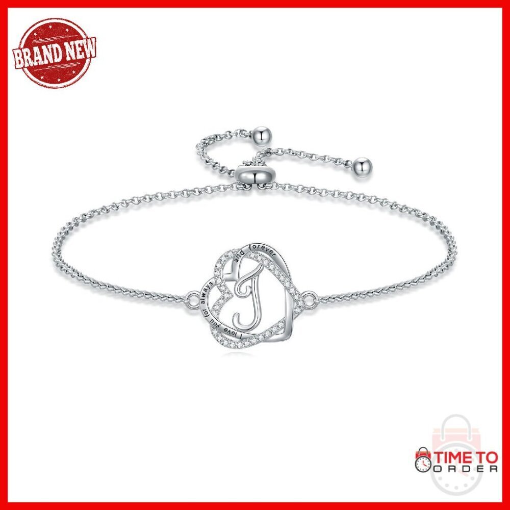 Sterling Silver Double Heart Initial Bracelet Adjustable 9 Inch